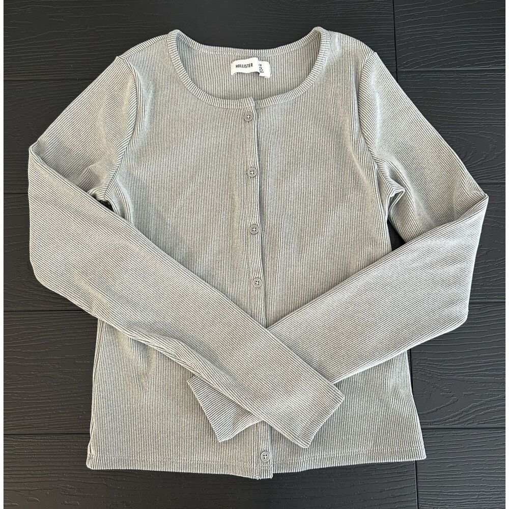 Hollister Sage Gray Ribbed Long-Sleeve Button-Front Cardigan Top, Size XS